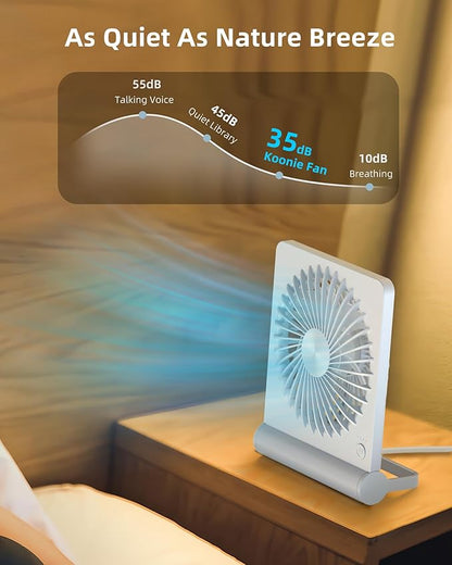 Koonie USB Fan, Strong Wind Quiet Small Desk Fan 220° Tilt Folding 3 Speeds Adjustable USB-C Powered Personal Fan for Home Office Desktop, White, NO BATTERY