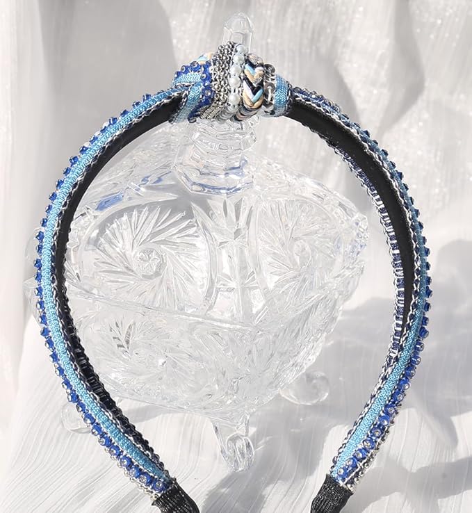 Women's Boho Knotted Sequin Pearls Headbands for Women Non Slip, Girls Top Knot Sparkly Wide Hair Accessories Christmas Gift (Boho Blue Knot)