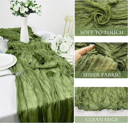 10 Packs Olive Green Cheese Cloth Table Runners, 10FT Boho Gauze Moss Green Cheesecloth Table Runner for Wedding Bridal Baby Shower Fall Thanksgiving Christmas Table Decoration
