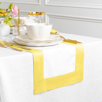 Solino Home Linen Table Runner 36 Inches - 100% Pure Linen Sunshine Yellow and White Table Runner 14 x 36 Inch Ideal for Dresser and Coffee Tables - Contempo