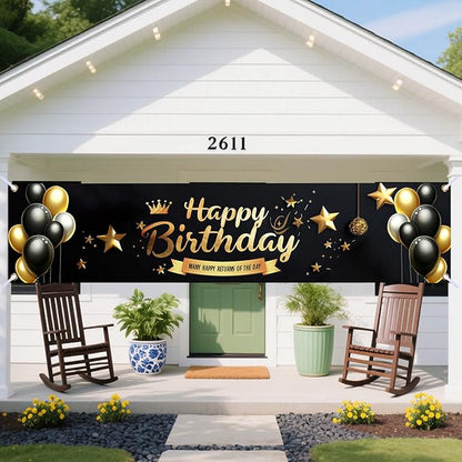 Nuxovilar Happy Birthday Banner Decorations 17.72x78.74 Inch Black Gold Crown Theme - Polyester for Indoor Outdoor Birthday Party Decor