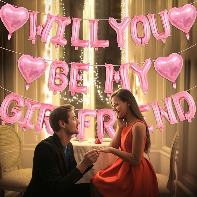 Will You Be My Girlfriend Balloons-16 Inch Pink Foil Letters Balloon 18 inch Heart Balloon Valentines Day Balloons for Wedding Engagements Proposals party Decorations