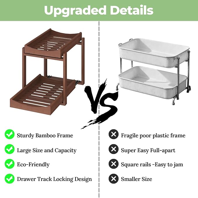 Bamboo Under Sink Organizer and Storage, 2 Pack Pull Out Cabinet Organization, 2 Tier Vertical Slide Out Undersink Storage Shelf, Multi-Purpose Organizer Shelves for Kitchen Bathroom Medicine, Brown