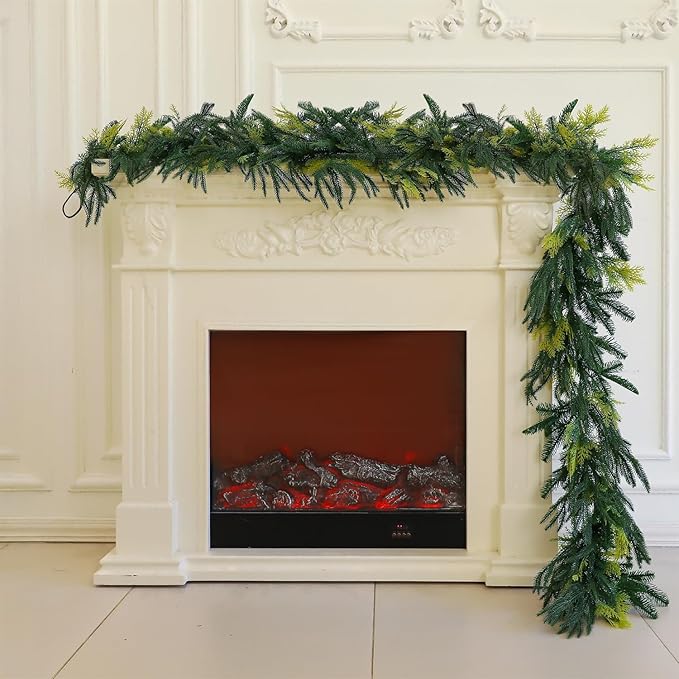 Norfolk Pine Garland Artificial Real Touch Green Thick Cedar Cypress Spruce 9FT Greenery Christmas Decor for Mantle Fireplace Wall Table Railings Indoor Outdoor Xmas Decorations