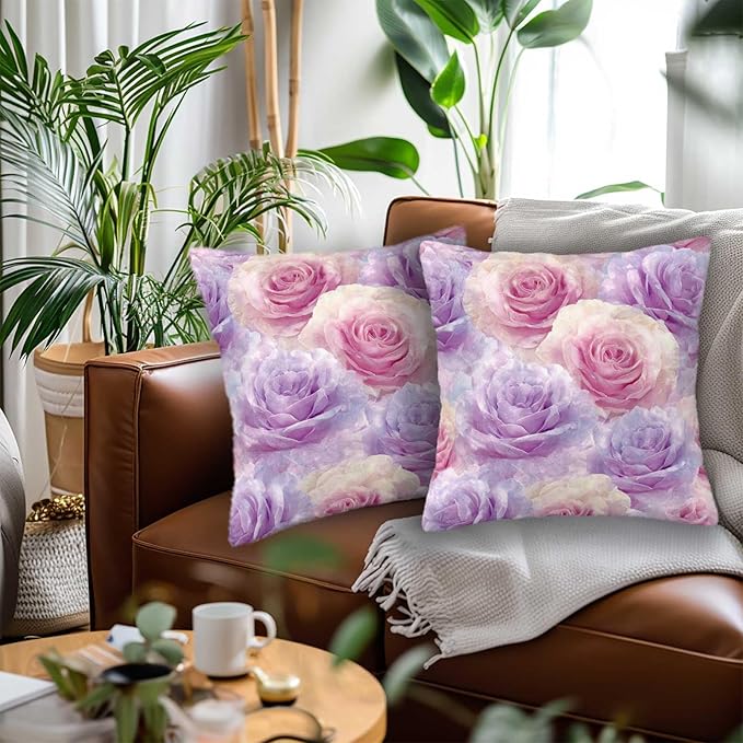 Rose Throw Pillow Covers Set of 2 | 18x18 Inches Cushion Cases for Couch, Sofa, Bedroom and Living Room | Romantic Floral Pillowcases for Home Decoration