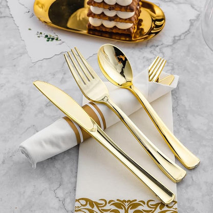 N9R 75 Pack Pre Rolled Gold Plastic Cutlery Set, Wrapped Plastic Silverware Set with 75 Forks, 75 Knives, 75 Spoons and 75 Napkins, Disposable Cutlery Set for Party and Wedding
