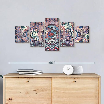 ElephantStock - Mandala Enchantment Wall Art - Horizontal Multi Panel Canvas - 5 Piece Living Room Wall Decor - Digital Art Elements Multi Piece Wall Art - Blue And Beige Decor - 36" x 15"
