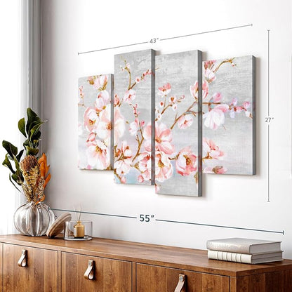 Elephant Stock Spring Cherry Blossoms Wall Art - Horizontal Canvas - 4-Piece Living Room Wall Decor - Painting Floral and Botanical Canvas Print - Pink and Brown Decor for Wall by Eva Watts - 43" X 27"
