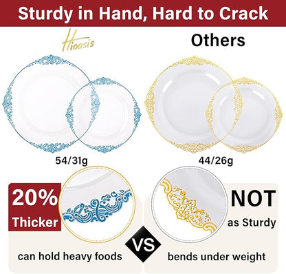 Hioasis 350pcs Clear Blue Plastic Plates - Elegant Disposable Dinnerware Set Suitable for 50 Guests Include 10.25" Dinner & 7.5" Dessert Plates, Pre Rolled Silverware Set, Cups for Party & Wedding