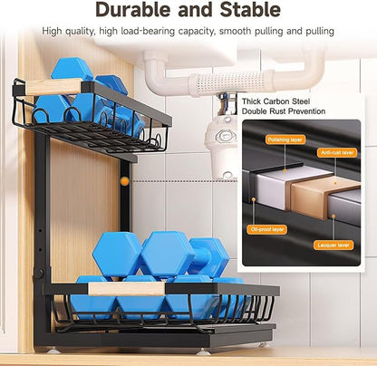 2 Packs Under Sink Organizer, Height Adjustable 2 Tier Under Kitchen Sink Organizer, Multi-Purpose Storage Shelf for Kitchen Bathroom Cabinet (Black, Extra Large)
