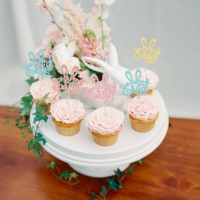 Ephlyn 24Pcs Happy Cupcake Toppers Glitter Rabbit Ear Cupcake Picks Decorations for Easter Day Theme Baby Shower Kids Birthday Party Supplies Multi
