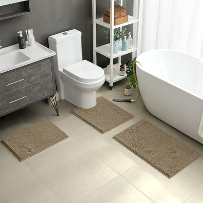 HOMEIDEAS 3 Pieces Bathroom Rugs, Ultra Soft Non Slip Absorbent Chenille Toilet Bath Mat Set (Taupe)