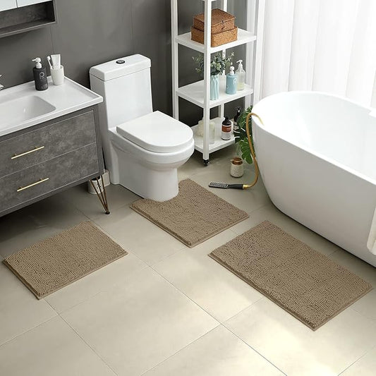 HOMEIDEAS 3 Pieces Bathroom Rugs, Ultra Soft Non Slip Absorbent Chenille Toilet Bath Mat Set (Taupe)