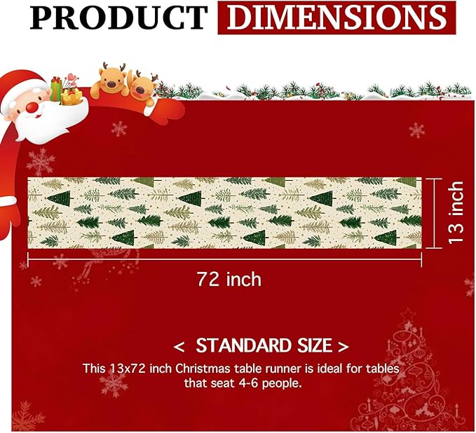 Christmas Tree Table Runner 13x72 Inch Winter Forest Burlap Farmhouse Dining Table Decoration Green Pine Trees Holiday Tablecloth for Kitchen Dining Room Indoor Outdoor Party Home Decor