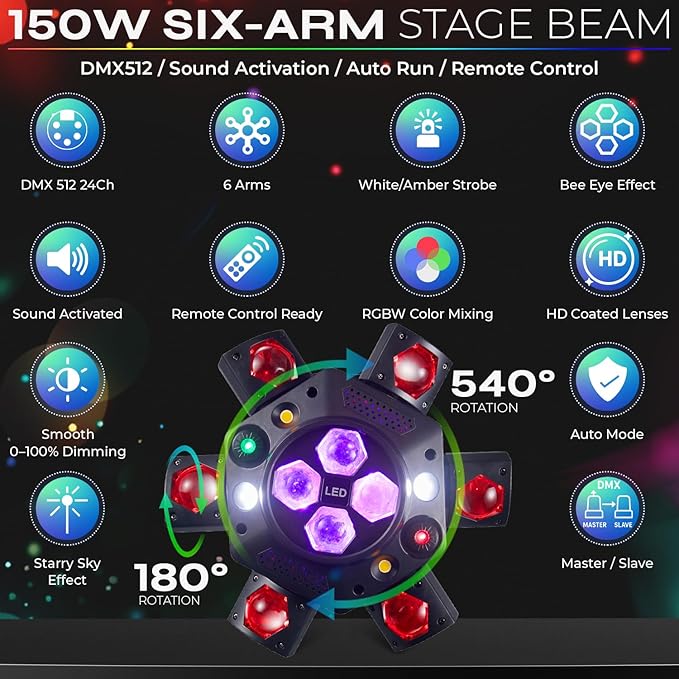 6-Arm 150W RGBW Bee-Eye Spider DJ Moving Head Light – LED Stage Lighting with DMX512, Sound Activated Beam Wash, Strobe & Starry Effects for Clubs, Parties, Weddings, Events