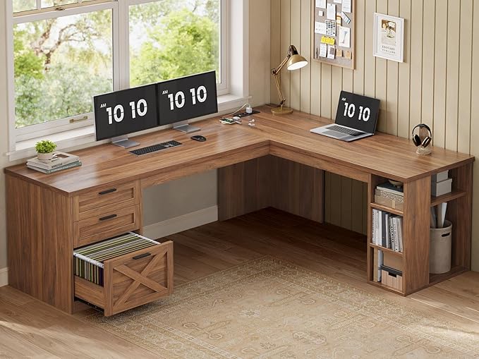 SEDETA 67" Farmhouse L Shaped Desk with 3 Drawers, Executive Home Office Desks with Storage Shelves, Corner Computer Desk with Power Outlets for Home Office, Brown