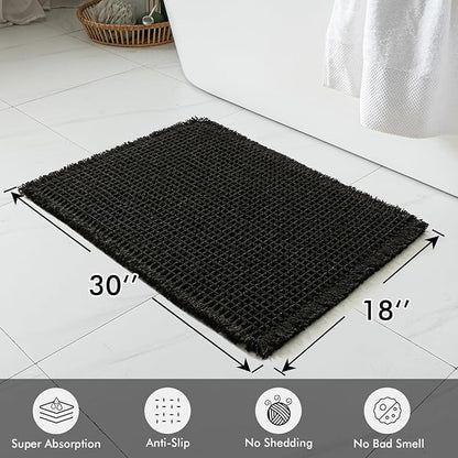 MIULEE Set of 2 Waffle Bathroom Rugs, Boho Bath Rugs Non Slip Washable, Super Absorbent Bath Mats, Ultra Soft Rubber Backed Shower Mats for Bathroom Floor, Tub and Shower, Black, 18x30 Inch