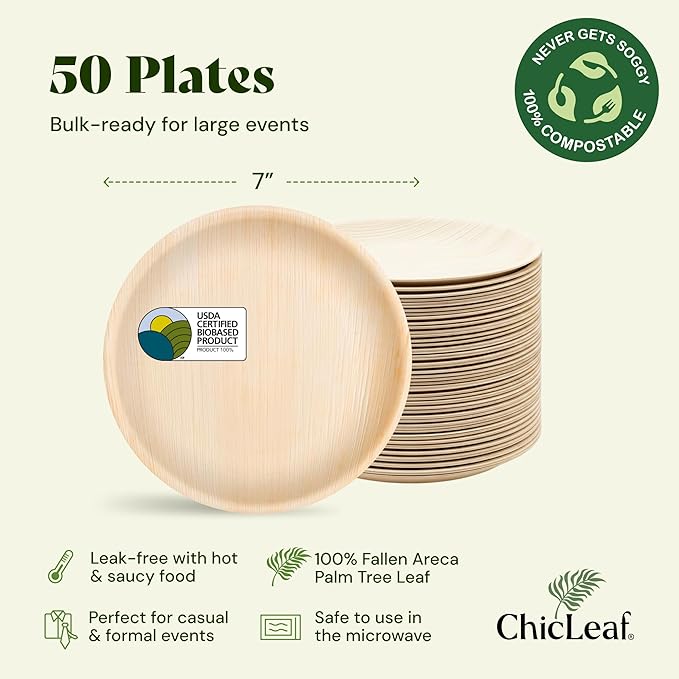 Chic Leaf Palm Leaf Disposable Bamboo Plates - Palm Leaf Plates for Weddings & Event Appetizers - Biodegradable & Compostable - Thanksgiving, Party Supplies (7", 50 Pack)