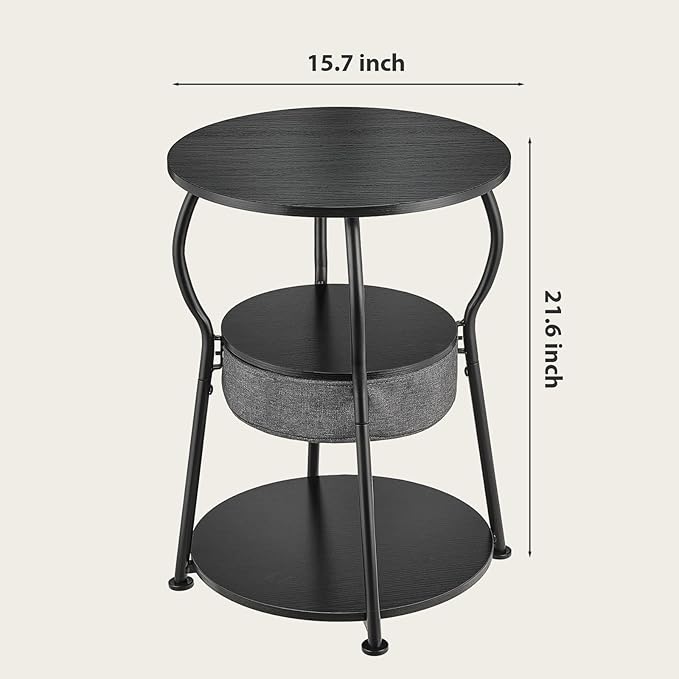 Small Round Side Table with Storage Bag, 3-Tier Accent Round End Table with Storage Shelves for Living Room, 21.6" H Vintage Small Corner Table for Smalls Spaces (D - 15.8 in Black)