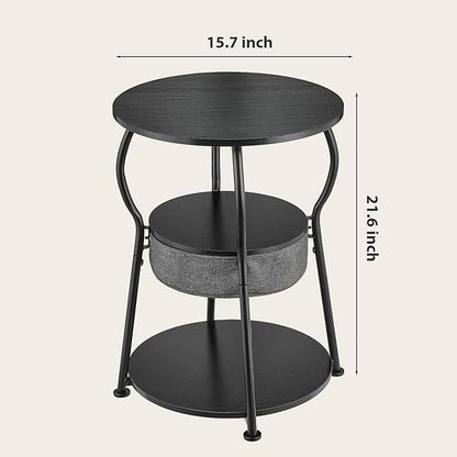 Small Round Side Table with Storage Bag, 3-Tier Accent Round End Table with Storage Shelves for Living Room, 21.6" H Vintage Small Corner Table for Smalls Spaces (D - 15.8 in Black)