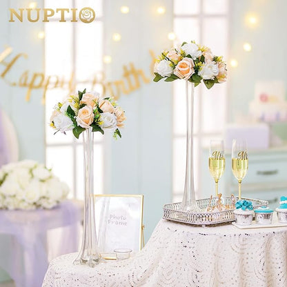 NUPTIO Artificial Flower Centerpieces for Tables: Peachy Champagne & White Flower Ball Arrangement for Wedding Party - 2 Pcs 9.5 Inch Diameter Floral Rose for Bridal Shower Decor