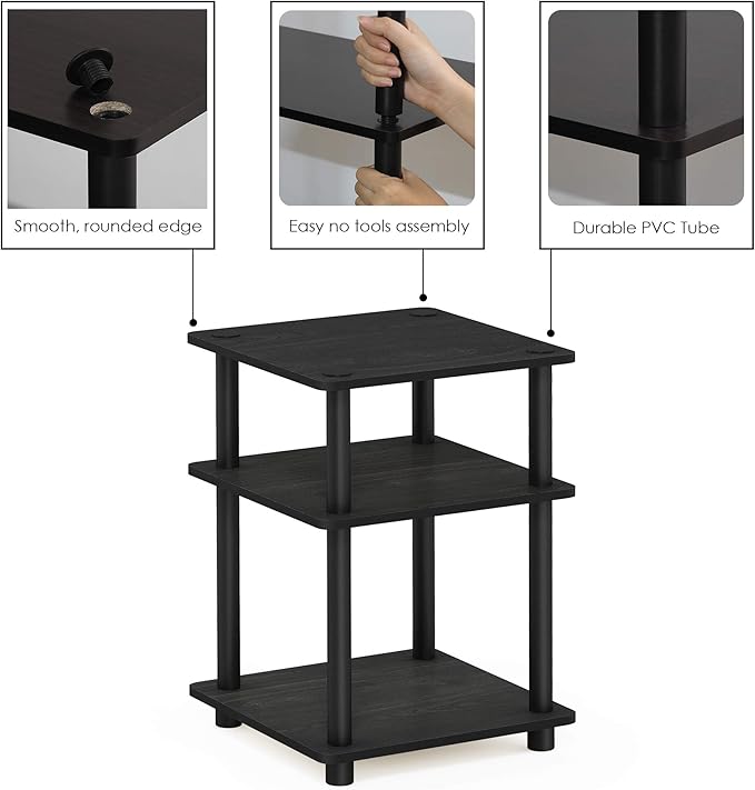 Furinno TURN-N-TUBE Side Table, 3-Tier End Table, Open Shelves Nightstand, Night Stand, Bedside Table, Easy Assembly, for Living Room, Bedroom, Blackwood | Easy Assembly, Multipurpose