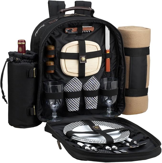 Picnic at Ascot Original Equipped 2 Person Picnic Backpack with Cooler, Insulated Wine Holder & Blanket - Designed & Assembled in the USA