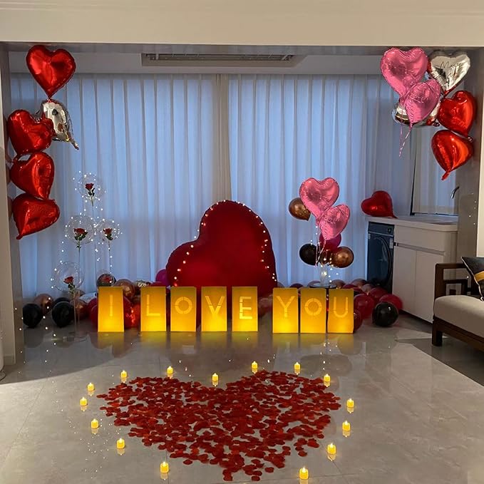 I Love You Lighted Letters Sign 8pcs Luminary Paper Bags 2000pcs Red Pink Artificial Rose Petals 48pcs Flameless LED Candle Tealight 10pcs Heart Balloons Romantic Night Valentine's Day Decorations