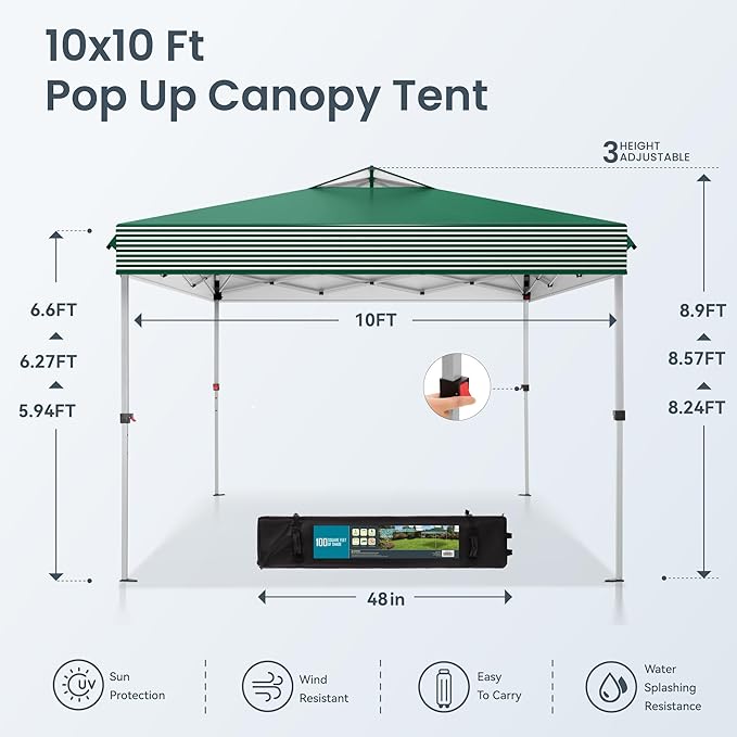 PHI VILLA Pop Up Canopy 10 10 Tents for Parties with Wheeled Bag, Portable Lightweight Folding w/Adjustable Height,Green and White Stripes，Green Stripe