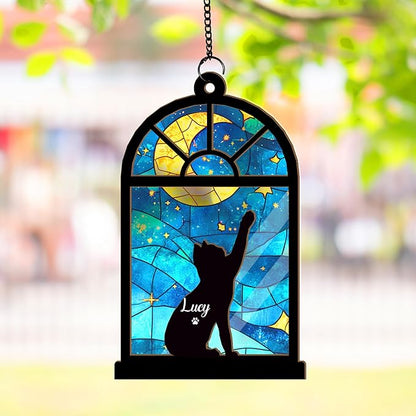 Personalized Cat Memorial Suncatcher – Custom Name & Cat Silhouette with Multiple Background Options, Pet Loss Sympathy Gift, Memorial Keepsake for Cat Lovers (Up to 3 Pets)