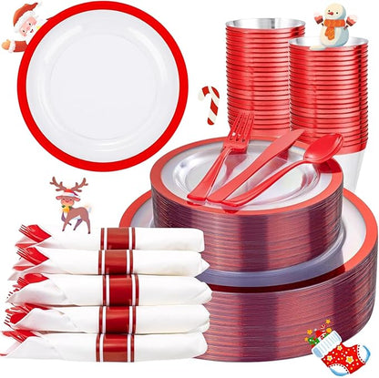 Liacere 350PCS Clear and Red Plastic New Year Plates and Napkins for 50Guests Plastic Dinnerware Set:100 Red Disposable Plates 50 Pre Rolled Napkins with Cutlery,50 Cups for Party＆Christmas