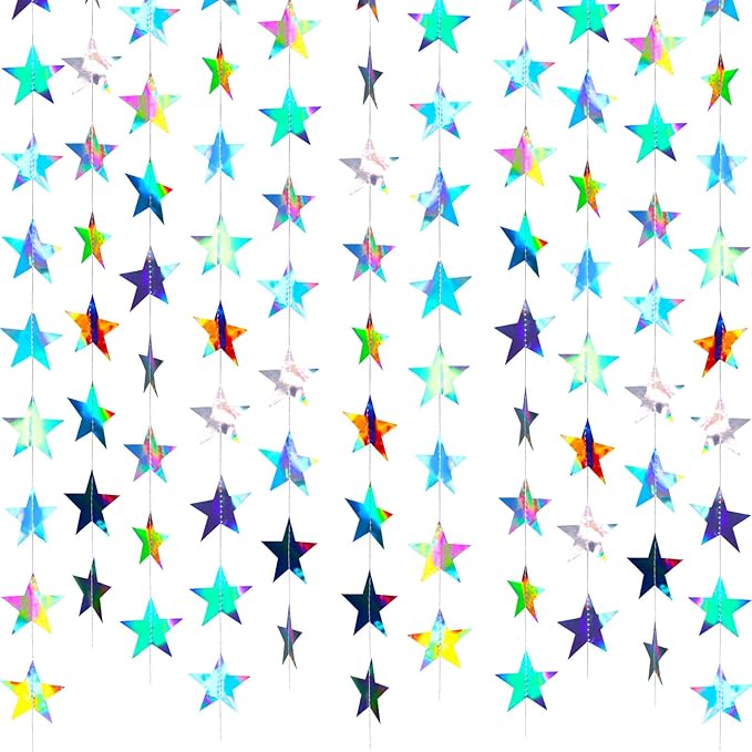 Patelai Glitter Star Garland Banner Christmas Decor 130 Feet Star Hanging Bunting Banner Twinkle Backdrop for Homecoming Classroom Wedding Birthday Halloween Party Supplies(Holographic Iridescent)