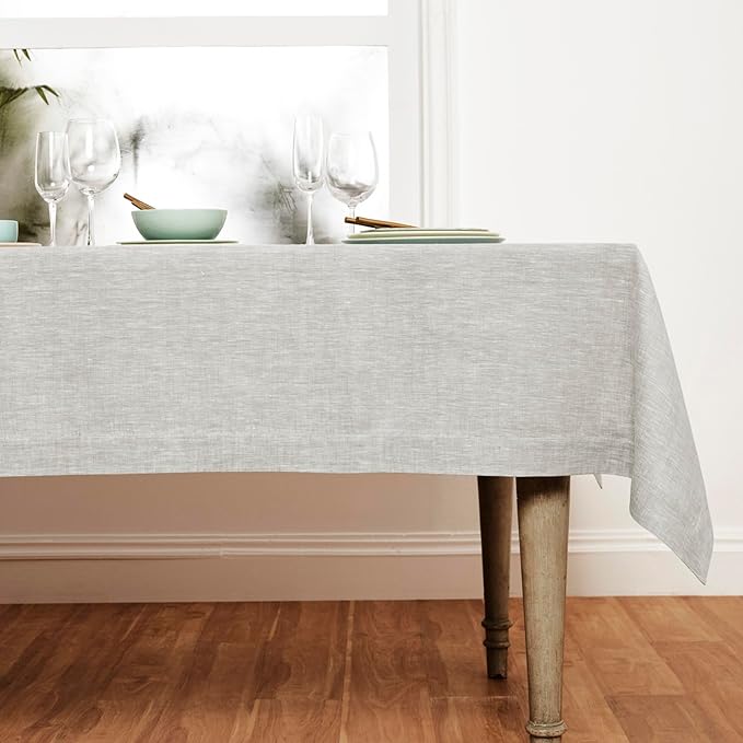 Solino Home Linen Tablecloth 60 x 132 Inch - 100% Pure Linen Oyster Grey Table Cloth for Rectangle Tables - Athena, Machine Washable Tablecloth for Fall, Autumn