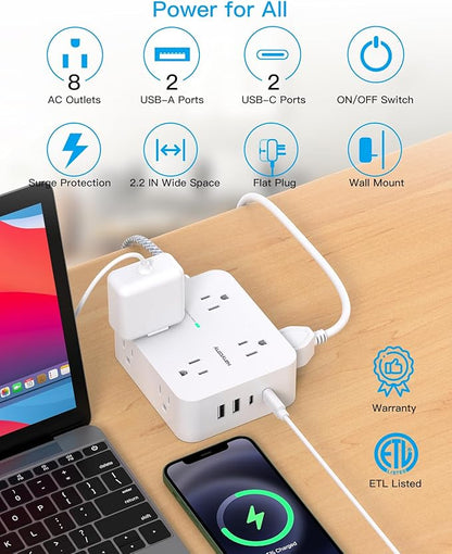 10 ft Extension Cord, HANYCONY 1080J Surge Protector Power Strip Long Cord with 8 AC Outlets and 4 USB Ports (2 USB-C), Wall Mount, Desk Charging Station for Home Office College Dorm Room Essentials