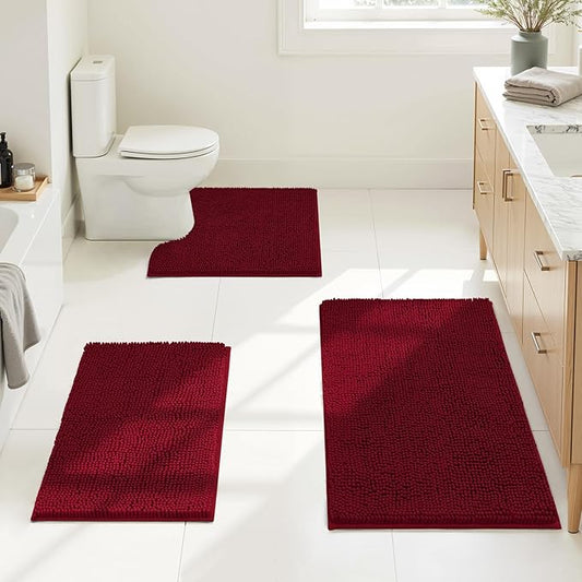 HOMEIDEAS 3 Pieces Bathroom Rugs, Ultra Soft Non Slip Absorbent Chenille Toilet Bath Mat Set (Burgundy)