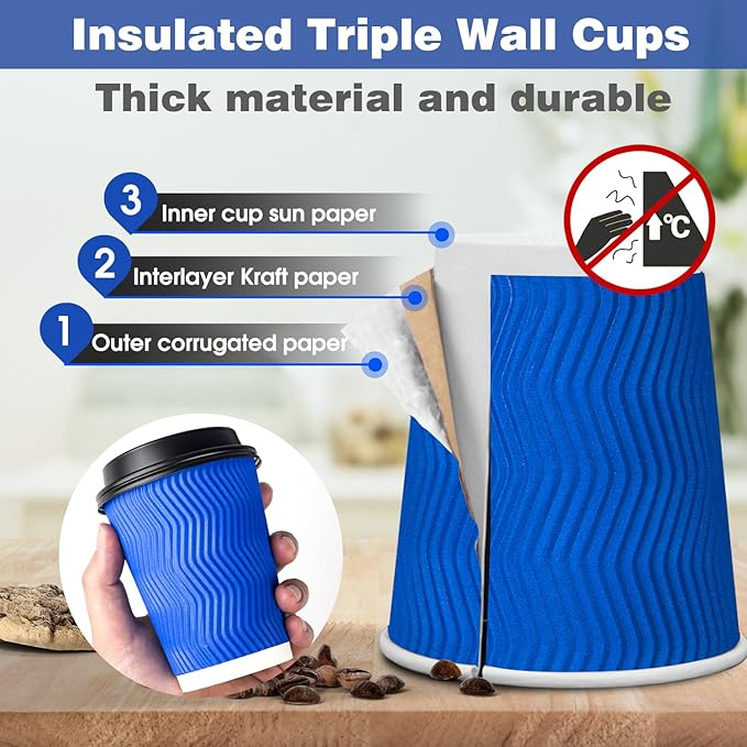 Ginkgo Disposable To Go Coffee Cups with Lids 12 oz 100 Pack, Double Wall Ripple Insulated Blue Paper Cups for Hot Beverage, Chocolate, Cocoa and coffee