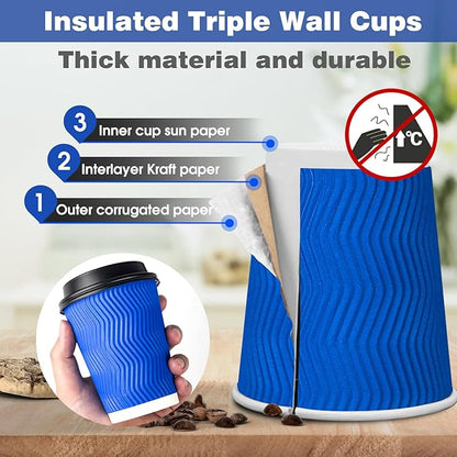 Ginkgo Disposable To Go Coffee Cups with Lids 12 oz 100 Pack, Double Wall Ripple Insulated Blue Paper Cups for Hot Beverage, Chocolate, Cocoa and coffee