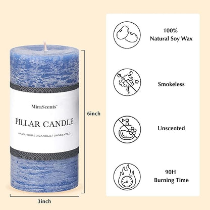 3x6 Inch Blue Pillar Candles Set of 3 - Hand-Poured Unscented Candles, Long Clean Burning, Large Big Candle, Smokeless Dripless Candle for Dinner Table, Wedding, Home, Bathroom, Rustic Decor