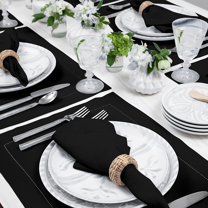 Solino Home Linen Placemats Set of 4 - Classic Hemstitch Black Placemats 14 x 19 Inch - 100% Pure Linen Table Mats for Fall, Autumn, Winter, Holiday, Christmas, New Year