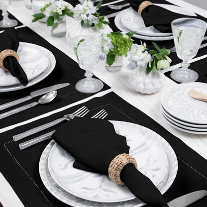 Solino Home Linen Placemats Set of 4 - Classic Hemstitch Black Placemats 14 x 19 Inch - 100% Pure Linen Table Mats for Fall, Autumn, Winter, Holiday, Christmas, New Year