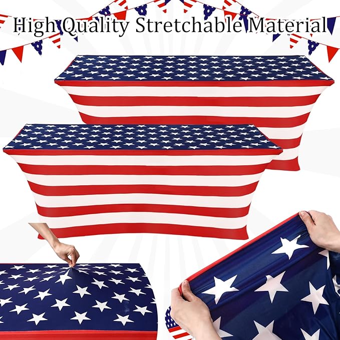 Oudain 2 Pcs Red White and Blue Star Stretch Table Cover 6 Feet Patriotic Spandex Table Clothes American Star Party Decorations for Independence Day Veterans Memorial Day Events Party Celebration