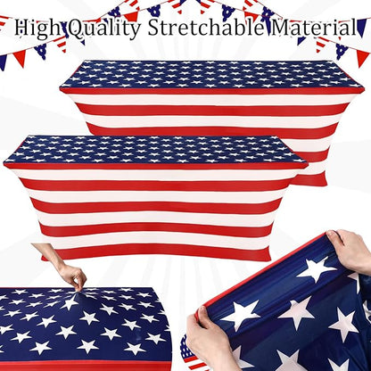 Oudain 2 Pcs Red White and Blue Star Stretch Table Cover 6 Feet Patriotic Spandex Table Clothes American Star Party Decorations for Independence Day Veterans Memorial Day Events Party Celebration