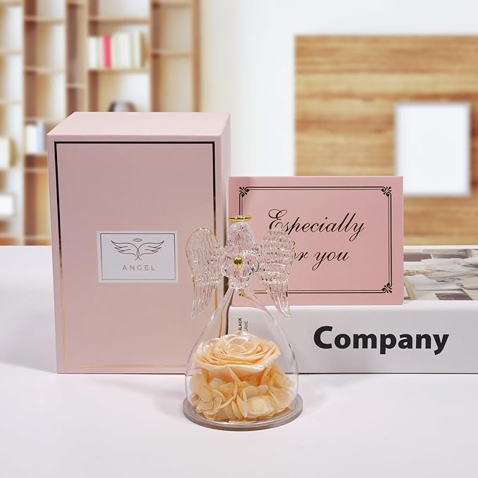 Miofula Preserved Flower Rose Birthday Gifts for Mom, Angels Figurines with Forever Real Rose Gifts for Women Mom Grandma, Angels Gifts for Valentines Anniversary Mothers Day (Pearlescent Champagne)