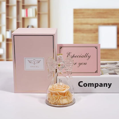 Miofula Preserved Flower Rose Birthday Gifts for Mom, Angels Figurines with Forever Real Rose Gifts for Women Mom Grandma, Angels Gifts for Valentines Anniversary Mothers Day (Pearlescent Champagne)