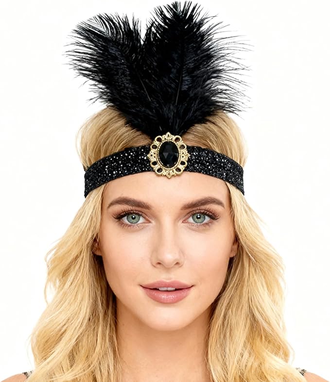 Feather Headpiece Sequins Headbands 1920s Flapper Showgirl Headpieces for Women Girls Carnival Party Accessories