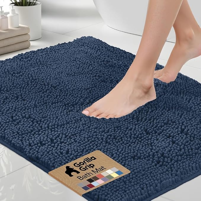 GORILLA GRIP Bath Rug Mat 60x24, Soft Absorbent Chenille, Quick Dry Microfiber Mats, Rubber Backing Washable Shower Floor Rugs, Bathmat Runner, US Designed Bathroom Home Decor Accessories Navy Blue