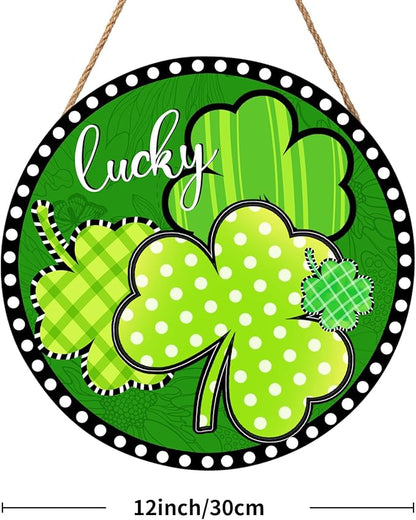 Happy St Patricks Day Sign Front Door Decor Green Shamrock Lucky Clover Farmhouse Wood Door Hanger Rustic St Patricks Day Wreath Pediment Plaque Outdoor Indoor Wall Hanging Decorations 12x12in