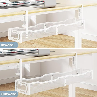 Cable Management, 25'' Cable Management Under Desk No Drill, Metal Cord Organizer with Clamp for Standing Desk, Cable Organizer for Home Office, White