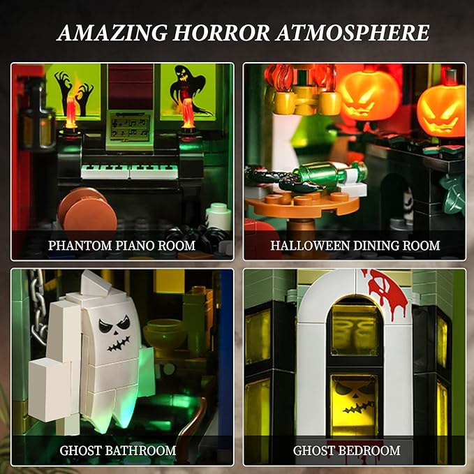 iATOM Haunted House Building Set with Lights, Halloween Mansion Building Toy for Adults, Gift for Christmas, Horror Village Town Architecture Include Pumpkin Skeleton Spooky Bat Cat, F-C9987