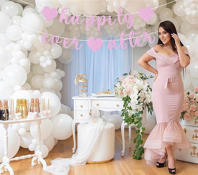 Pre-Strung Happily Ever After Banner - Pink Glitter Bachelorette Bridal Engagement Party Decoration Supplies, Bachelorette Wedding Party Banner for Engagement, Bridal Shower, Wedding Party Photo Booth Props